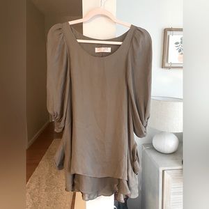 LUCY LOVE Taupe Tiered 3/4 Sleeve Satin Mini Tunic Dress